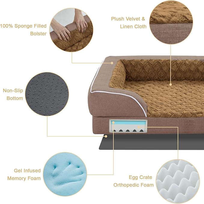 Orthopedic XXL Memory Foam Dog Bed with Bolsters – Brown