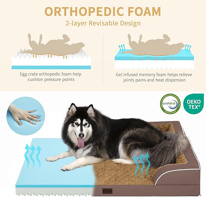 Orthopedic XXL Memory Foam Dog Bed with Bolsters – Brown