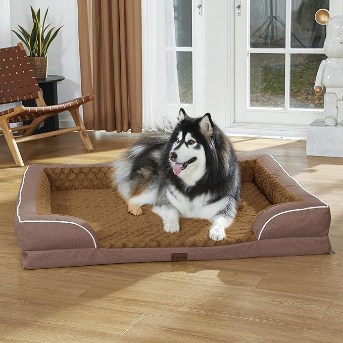 Orthopedic XXL Memory Foam Dog Bed with Bolsters – Brown