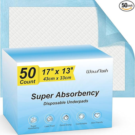 50 Count Super Absorbency Disposable Underpads for Baby, Puppy, Adults