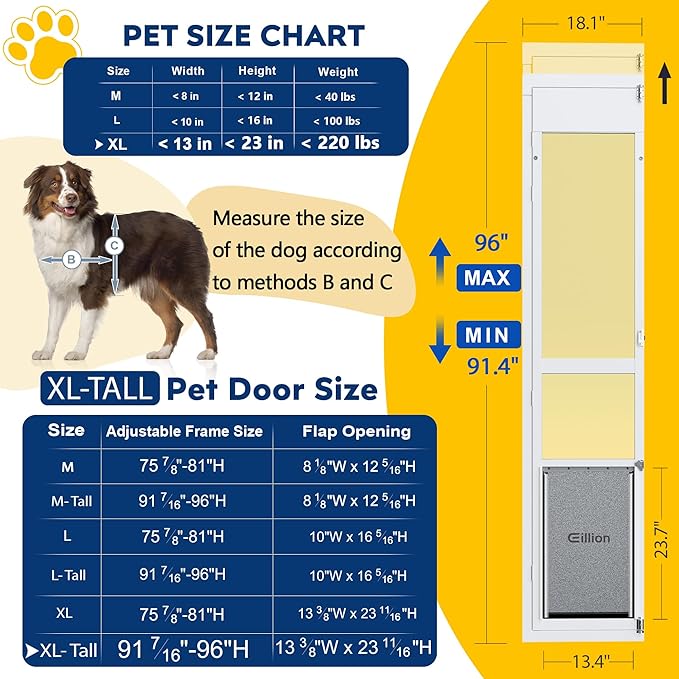 Eillion XL Pet Door for Sliding Glass Doors – 91–96" Frame